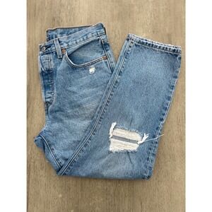 Levis 501 Original Fit Distressed Straight Leg Jeans Medium Wash Blue Denim